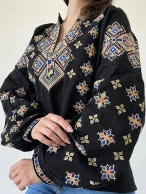 Elegant Embroidered Linen black Blouse – Size Large (L)